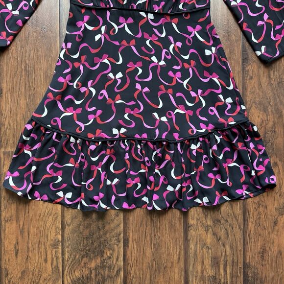 Kate Spade NY Dress Sz 6 Bow Print Ruffle Hem Black Pink Red Holiday Party - Picture 15 of 15